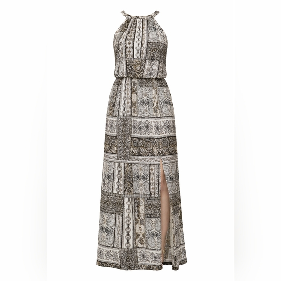 THREE PINK HEARTS Women’s Maxi Dress XL | Multi Print | Side Slit | Halter Style - Picture 3 of 6